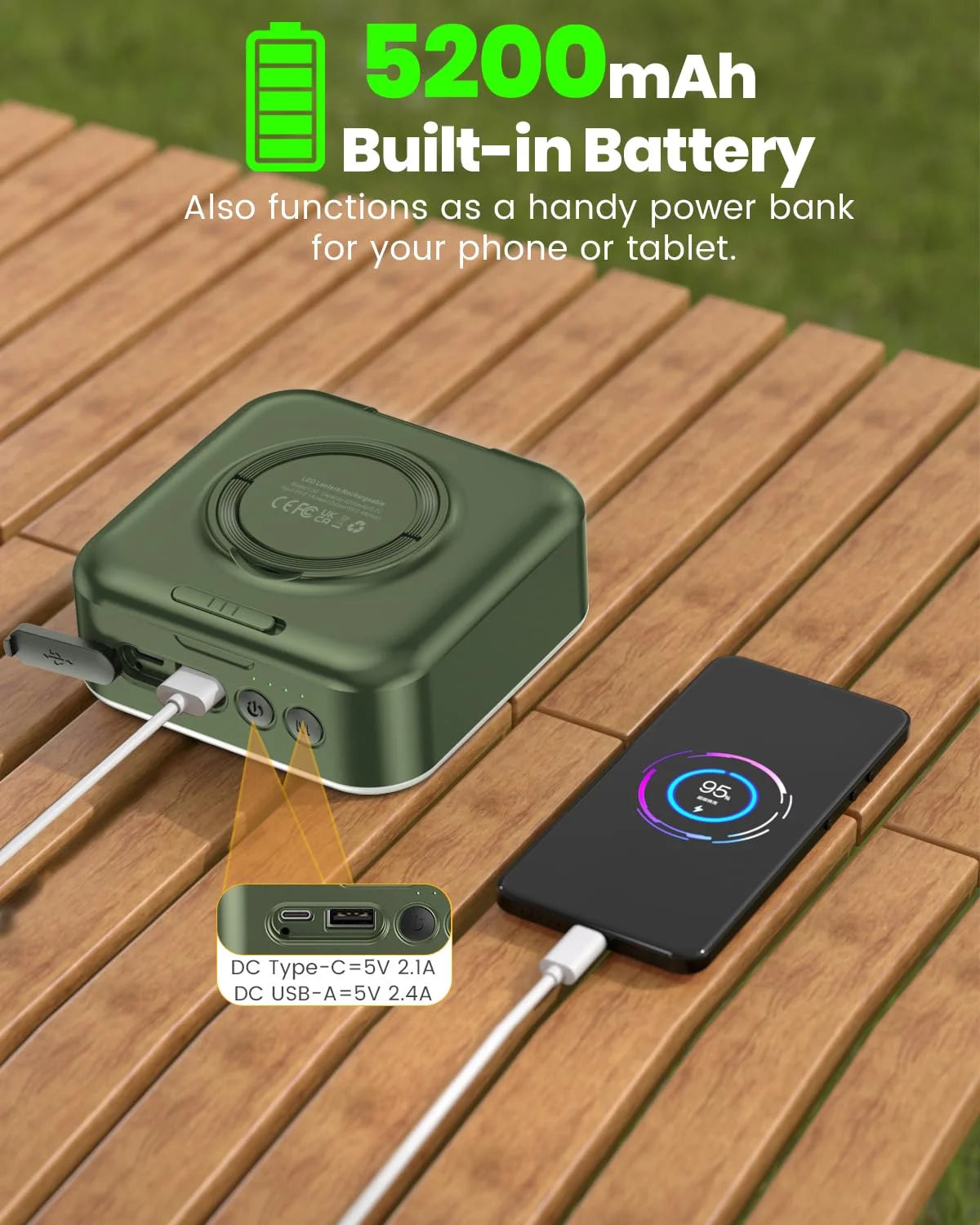 green solar lantern charging smartphone via usb and type c ports with 5200mah built in battery

