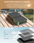 solar camping lantern showing backup charging feature and solar panel construction with pet and eva layers