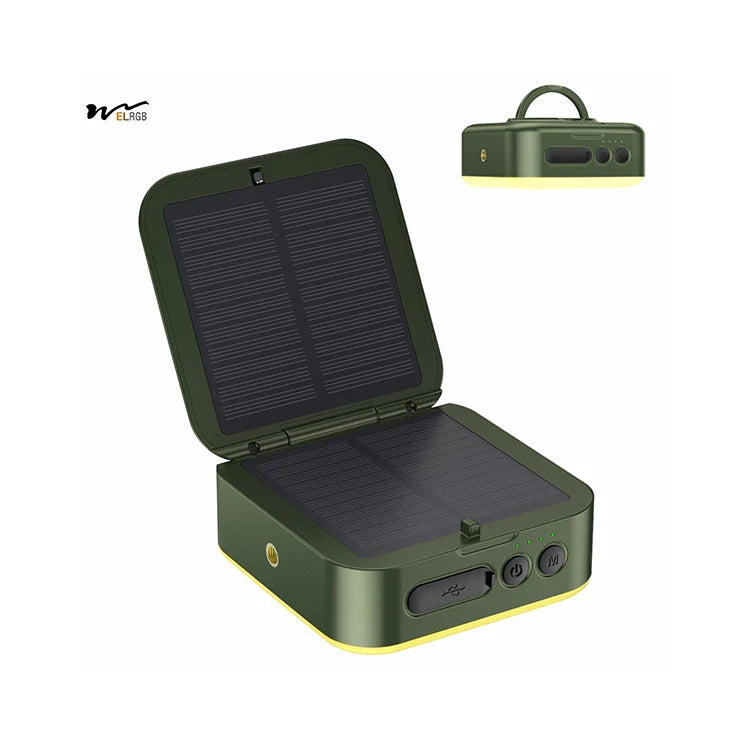 
green solar powered camping lantern with dual solar panels and usb charging port