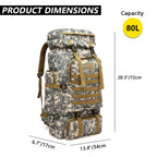 product dimensions of 80 litre tactical backpack in digital camo with 72cm height and 34cm width

