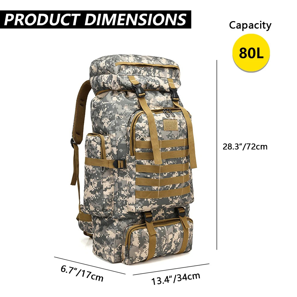 product dimensions of 80 litre tactical backpack in digital camo with 72cm height and 34cm width


