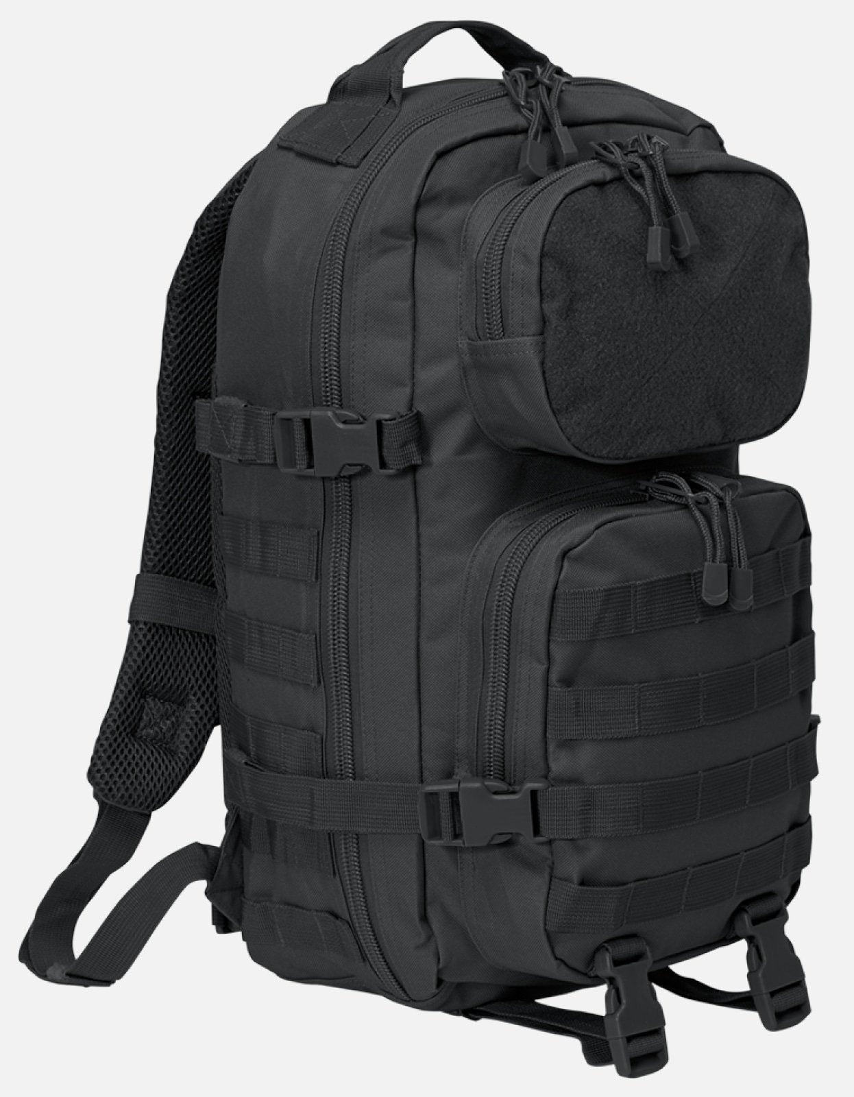 black tactical backpack with multiple compartments and molle straps
