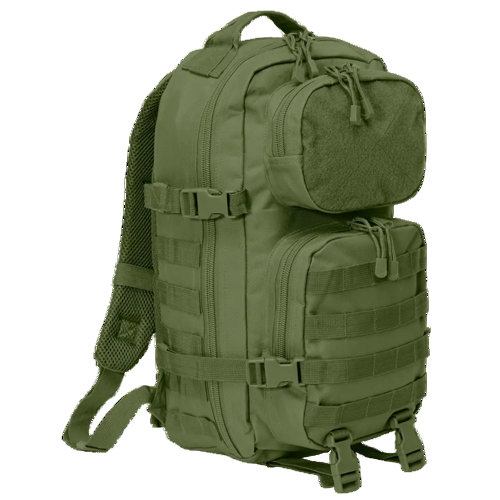 green tactical backpack with side straps and multi-pocket layout

