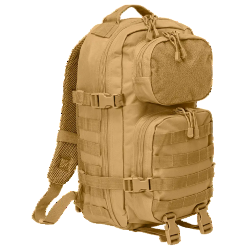 khaki tactical backpack with front pockets and molle webbing
