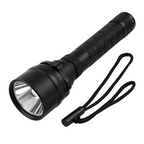 black tactical LED flashlight with textured grip and wrist lanyard on white background