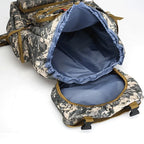 interior view of 80 litre tactical backpack in camo showing spacious main compartment and bottom section

