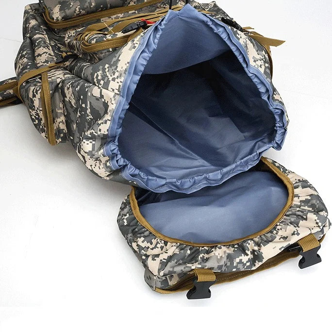 interior view of 80 litre tactical backpack in camo showing spacious main compartment and bottom section

