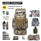 camo tactical backpack shown with survival gear, tools, and clothing laid out to demonstrate 80 litre capacity

