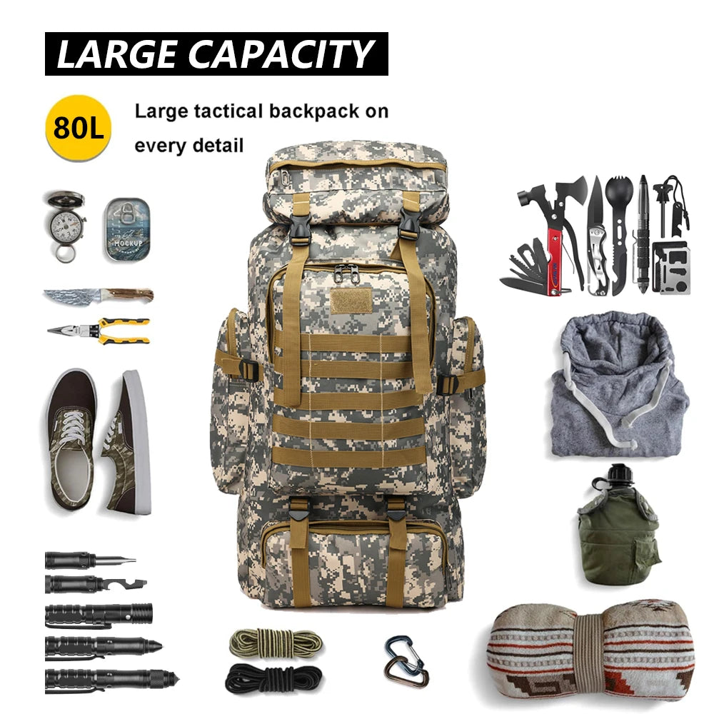 camo tactical backpack shown with survival gear, tools, and clothing laid out to demonstrate 80 litre capacity

