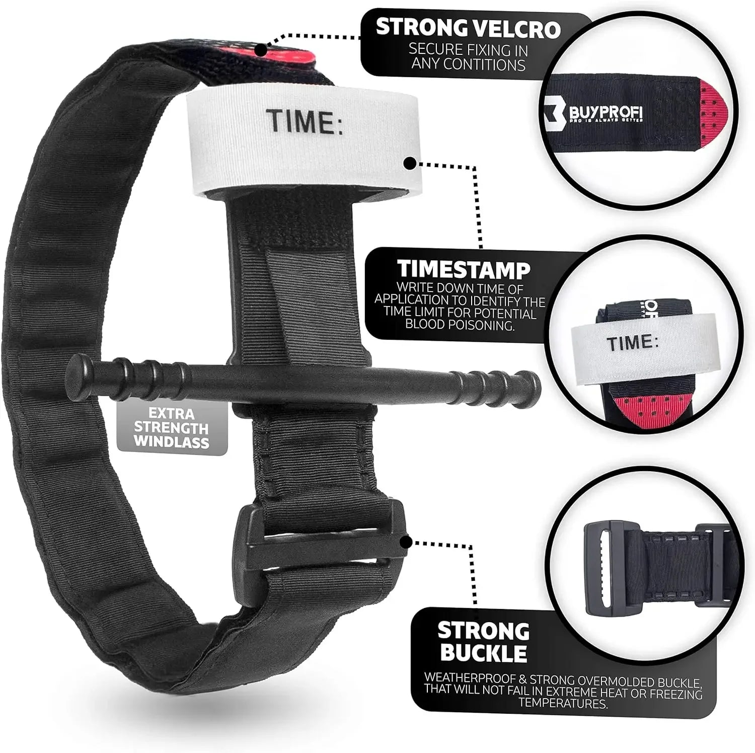 black tactical tourniquet showing quick release buckle strong velcro and time marker label
