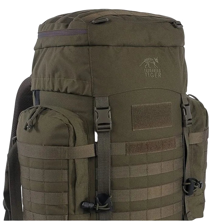 Tasmanian Tiger TT Raid Pack MK III front detail with compression straps and pockets
