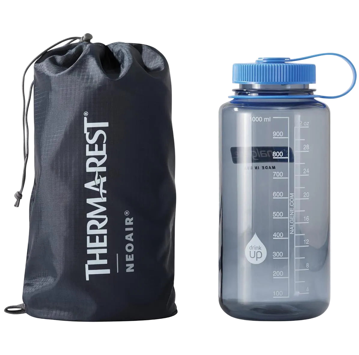 Therm-a-Rest NeoAir XTherm NXT sleeping mat packed size next to water bottle