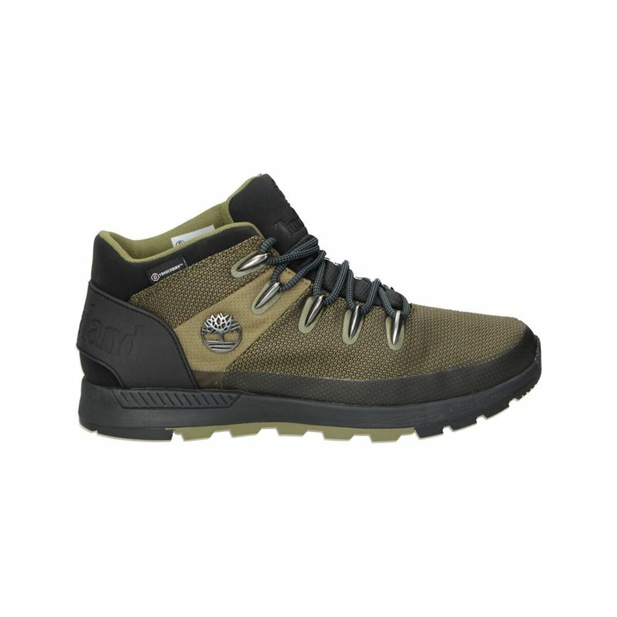 Timberland olive green mid hiking boots side view with black heel and rugged sole