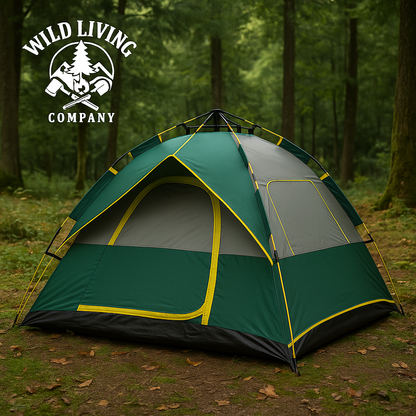 green and grey dome tent pitched in a forest with wild living company logo top left