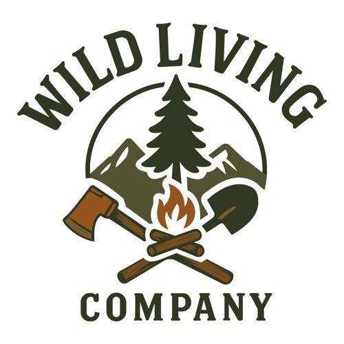 wild living company logo with axe, shovel, pine tree, and campfire icon on white background